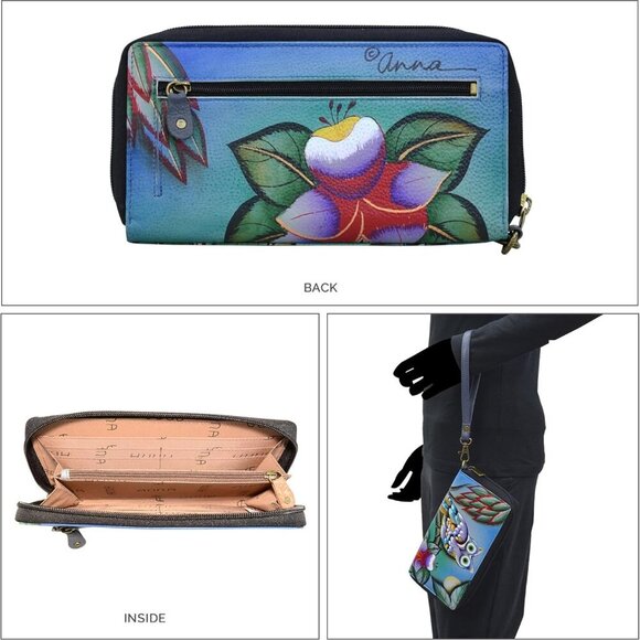 Women's Leather Zip-Around Clutch Wallet Hand-Painted Owl Art Compact - Picture 2 of 6